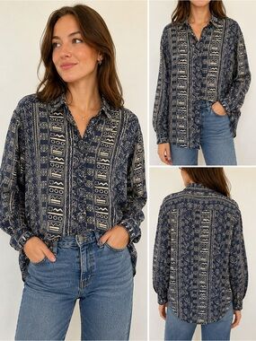 Vintage Côté de France 100% Silk Blue Geometric Floral Button Front Blouse
